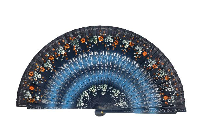 Blue wooden Openwork Fan with Floral decoration